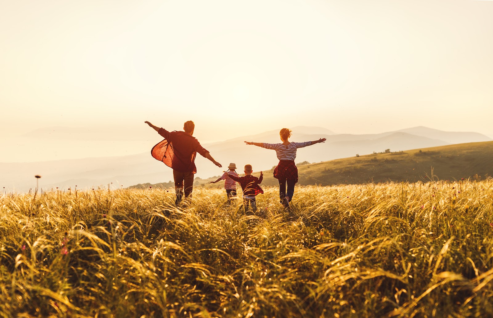 Happy family: mother, father, children son and daughter runing and jumping on nature on sunset