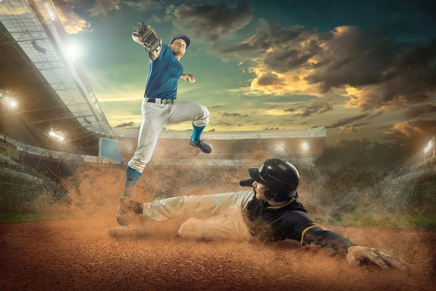 Baseball players in action, one sliding into a base while the other throws the ball